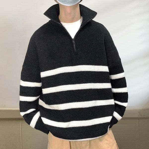 Herrenpullover Herren Gestreifte Mode Umlegekragen Pullover Oersize Lose Pullover Oberbekleidung Frühling HerbstHommo-Pullover im japanischen Stil