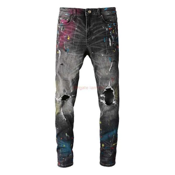 Abbigliamento firmato Amire Jeans Jeans Pantaloni alla moda Amr Slim Fit Slim Jeans Mens Spray Painted Graffiti colorati Piedi lavati Pantaloni Amies Distressed Ripped Skinn