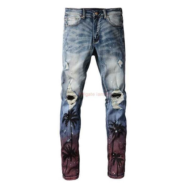 Abbigliamento firmato Amires Jeans Pantaloni in denim Amies Coconut Tree Print Lavaggio sfumato High Street Trendy Brand Distressed Jeans per entrambi gli uomini Donne Handsome Slim Fit Legg