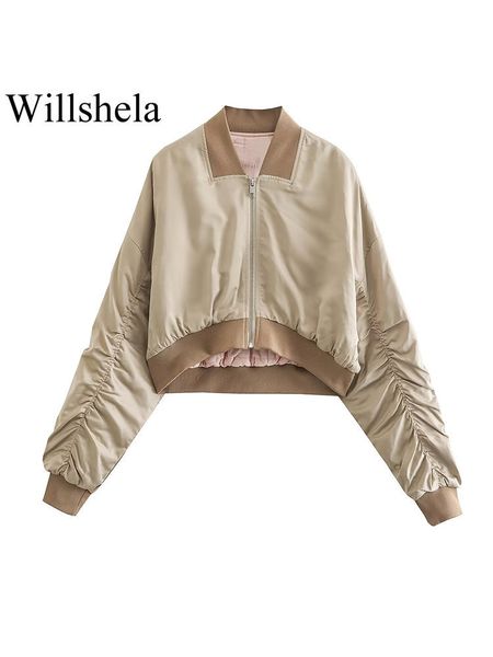 Giacche da uomo Willshela Donna Moda Seta Solido Cerniera frontale Ritagliata Bomber Vintage Scollo a V Maniche lunghe Donna Chic Lady Top Abiti 230522