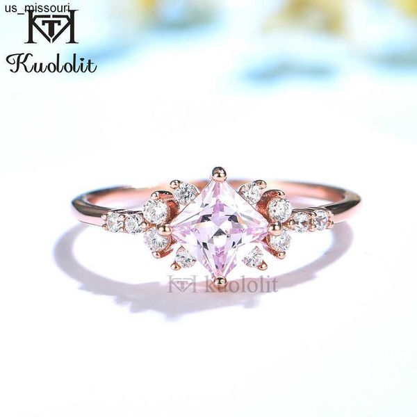 Anéis de banda Kuolit Pink Diamonds Solid 925 Sterling Silver Rings for Women Princess Cut Zircon noivado Jóias para casamento de Natal J230522