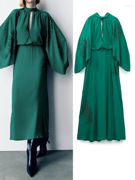 Vestidos casuais mulheres vestido midi de outono 2023 moda vintage manta de lantejoulas mangas femininas elegante rua mid-calff roupas