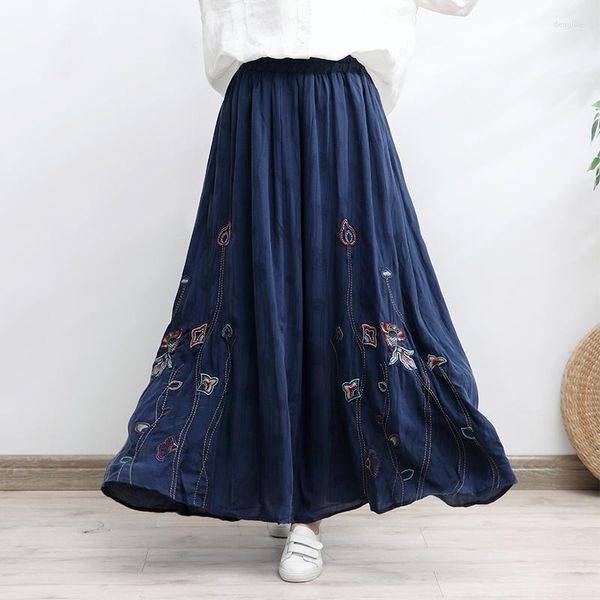 Saias Tiyihailey 2023 Long Maxi elástico da cintura alta saia feminina Bordado de verão Casual A-linen algodão azul