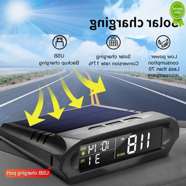Auto Neue Auto Drahtlose HUD Display GPS Solar Head Up Auto Tacho Übergeschwindigkeit Ermüdet Fahren Erinnerung Auto Uhr Temperatur zeigen