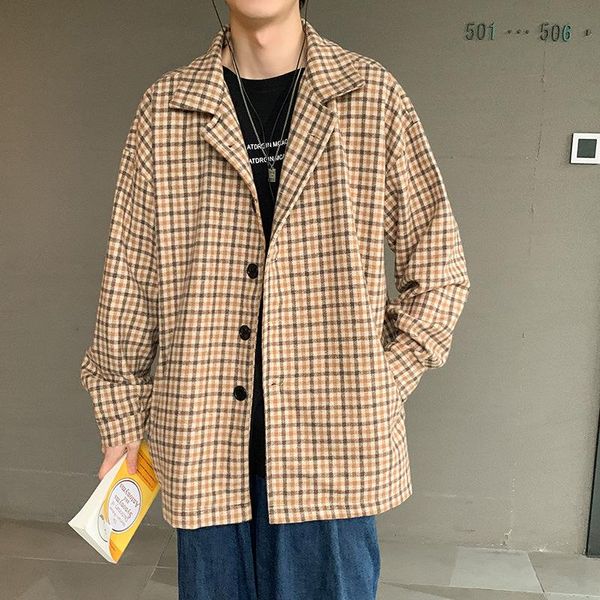 Jackets masculinos Clothing 2023 Autumn Winter Woolen Coat da xadrez curto estilo britânico Trendência coreana Loja All-Match Casual