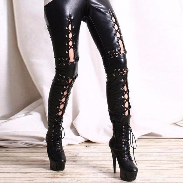 Capris Gothic Black Lace Up Skinny Blous для женщин карандаш сексуальные леггинсы Legsins Punk Rock Plus Size Кожаные брюки Pantalon Женщина XXL