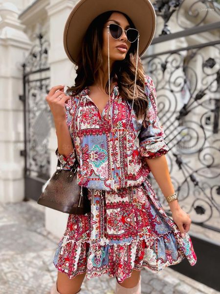 Повседневные платья Boho Print Women Fashion Mini платье V-образное кружев