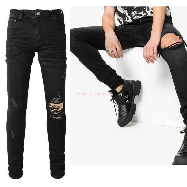 Designerkleidung Amires Jeans Denim-Hosen Amies 8586 Schwarz ausgewaschene Knieloch-High-Street-Jeans für Herren und Damen, modische, vielseitige, schlanke, elastische Leggings im Distressed Rippe-Stil