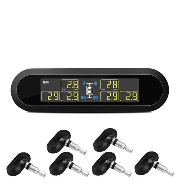 Sistema di monitoraggio della pressione dei pneumatici senza fili solare per camion a 6 ruote 6 sensori esterni Display LCD TPMS per rimorchi Camper Camper