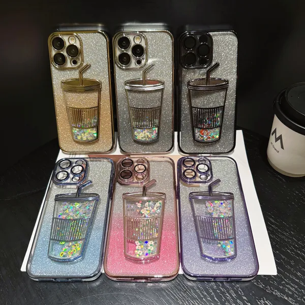 Custodia Quicksand liquida Fashion Bling Glitter Star Fruit per iPhone 15 14 13 12 11 Pro Max Paillettes lucide Drink Cup Polvere flash trasparente Tazza Quicksand Cover placcatura