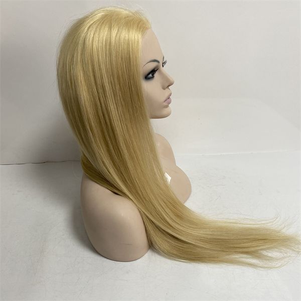 Brezilyalı bakire insan saçı sarışın renk 613# karışık 22# ipeksi düz 24 inç uzunluğunda saç tam dantel, beyaz kadın için pu perimetre peruk