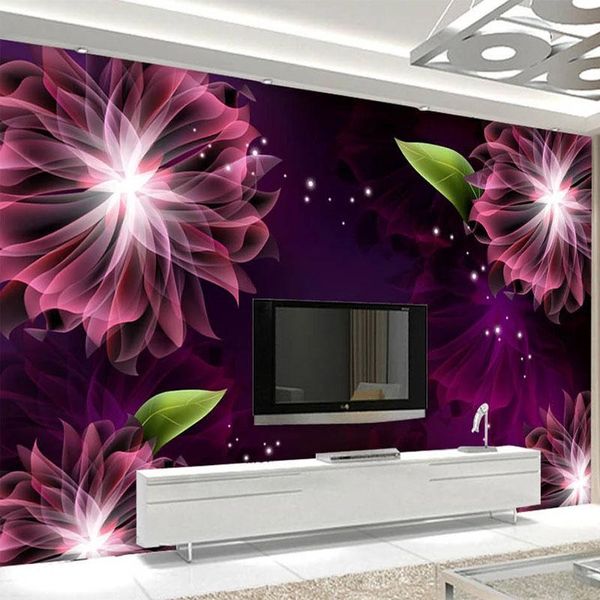 Tapeten Benutzerdefinierte PVC-Tapete 3D Lila Fantasieblume Abstrakte Kunst Wandbilder Wohnzimmer TV Schlafzimmer Fresko Selbstklebender wasserdichter Aufkleber