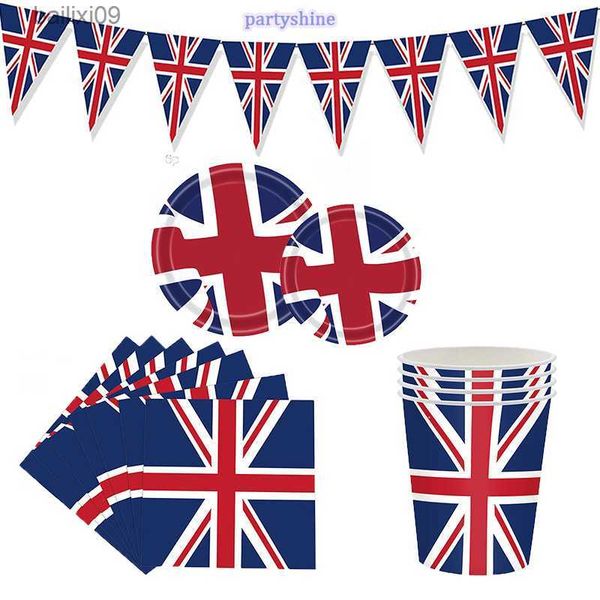 Décoration de fête Royaume Royaume-Uni Drapeau Drapeaux Kit de vaisselle de fête britannique Kit de vaisselle en papier Assiettes en papier Serviettes Tasses Bannière Articles de fête T230522