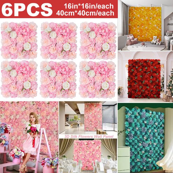 Ghirlande di fiori decorativi 6PCS Pannello murale di fiori artificiali Sfondo di fiori 3D Rose finte per la decorazione esterna di addio al nubilato per feste da parete 230522