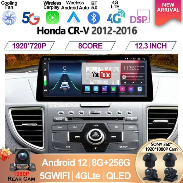 Para Honda CRV CR-V 2012 2013 2014 2015 2016 12.3 polegadas Radio multimídia de carro 1920*720DVD QLED Android12 Screen CarPlay Video Player-3