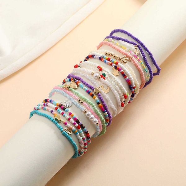 Fußkettchen Sommer Böhmisches Fußkettchen Buntglas-Reisperlen Elastischer Stern-Mond-Anhänger Kirsche Handgefertigtes Fußkettchen-Armband Fußbeinschmuck G220519