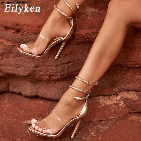Сандалии Eilyken Fashion PVC Прозрачный узор змеи на завитых лодыжках сандалии летние женские свадебные туфли на высоких высоких каблуках J230518 J230519 J230522
