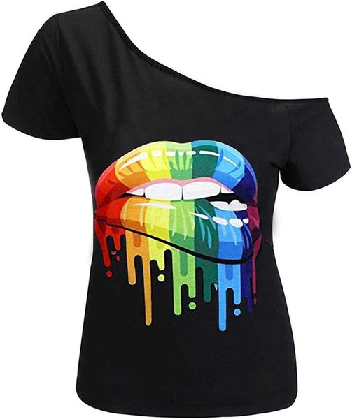 Nuova maglietta da donna Moda labbra corte Stampa causale con spalle scoperte T-shirt taglie forti Top Camicie da donna Camicette Abbigliamento donna Maglietta Emoji