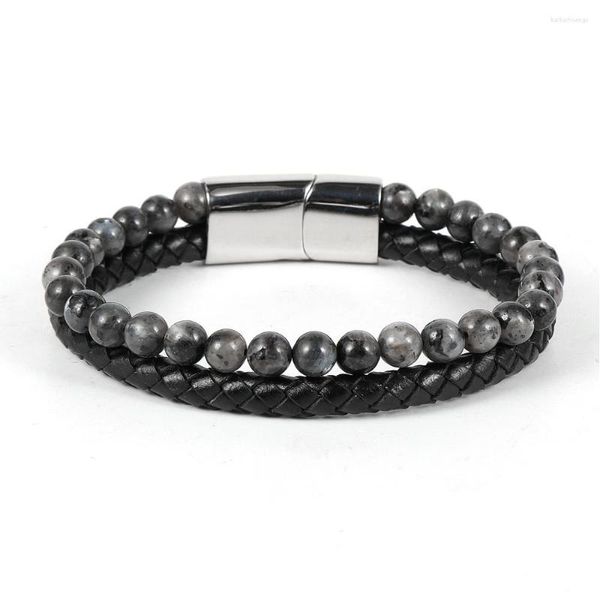 Strand Men Luxury Men Real Bracelets de couro genuíno natural Flash Stone Tiger Miços de mão de mão de aço inoxidável preto aço jóias