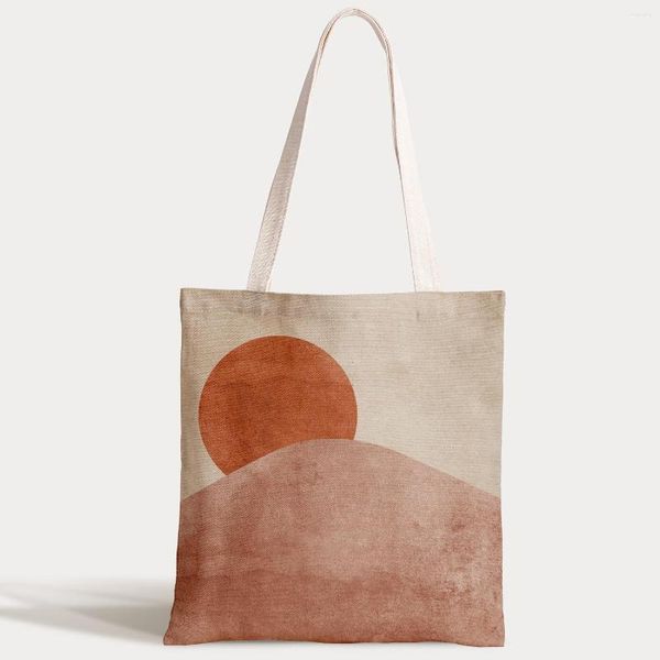 Depolama Çantaları Boho Sun Moon Canvas Yıldız Baskılı Büyük Kapasiteli Günlük Alışveriş Bag Okulu Kadın Omuz Sanat Özet