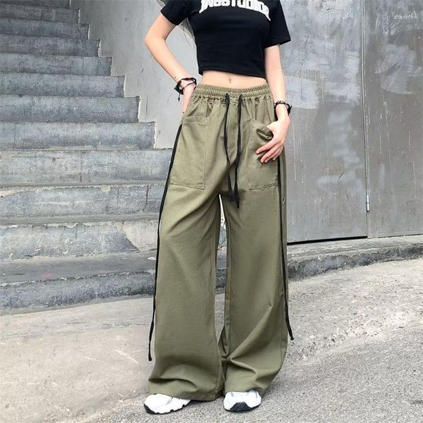 Pantaloni da uomo Hippie Y2K Cargo Donna Harajuku Oversize Verde Gamba Larga Uomo Vita Bassa Pantaloni Della Tuta Con Coulisse Tasche Pantaloni