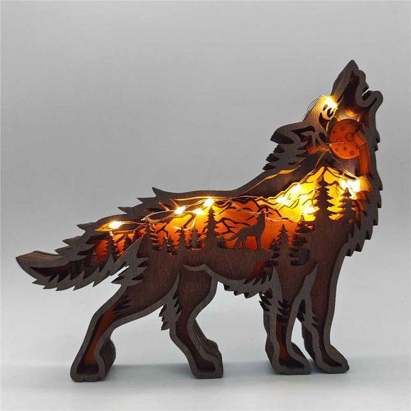 Itens de novidade decoração em casa decoração de madeira de lobo pequeno alces e estatueta de urso marrom botenings fofos led desktop ornamentos de decoração de casa presentes G230520