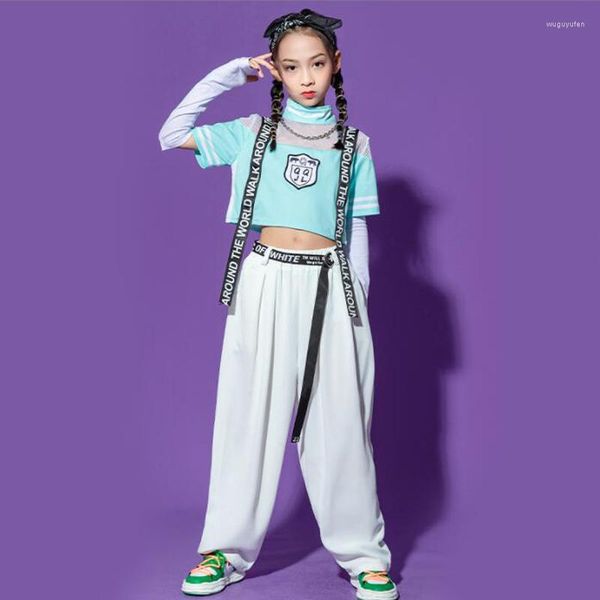 Bühnenkleidung Kind Kpop Hip Hop Kleidung Strap Crop Top T-shirt Arm Ärmel Weiße Hosen Konzert Outfitd Für Mädchen Jazz Dance Kostüm Kleidung