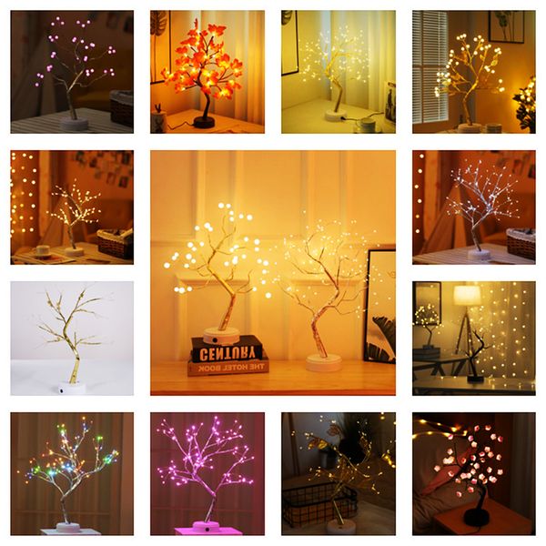 Luzes de cordas LED de luz de luz da árvore da árvore da mesa, lâmpada de mesa de flores, USB ou bateria alimentada, para o quarto Festa de Natal para desktop Luzes de decoração interna Presente Firefly