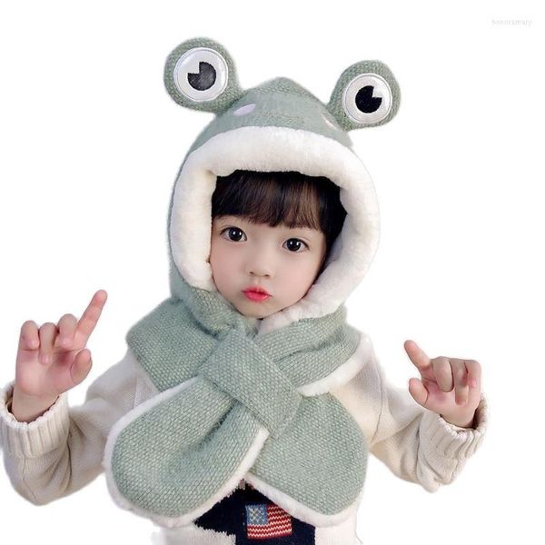 Berretti Doit Cartoon Cute Frog Bambini Cappelli invernali Berretti Set Bambini Bambino Cappello di pelliccia lavorato a maglia Sciarpa di un pezzo Ragazzi Ragazze Tappi paraorecchie