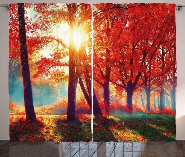 Vorhang Orange Gelb Baum Vorhänge Herbstlich Nebel Park Herbst Natur Malerische Landschaft Ahornbäume Sonnenstrahlen Wälder für Schlafzimmer