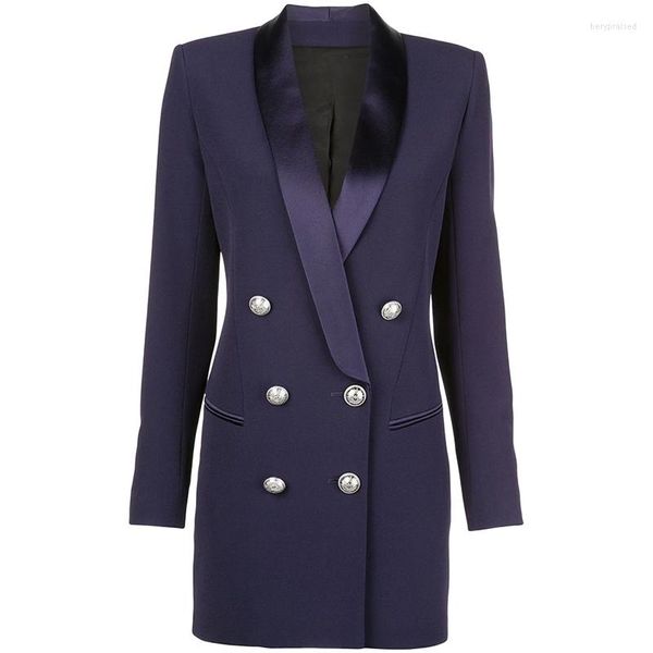 Abiti da donna Est HIGH QUANLITY 2023 Blazer lungo firmato Bottoni leone in metallo Giacca doppio petto collo sciallato Blu navy