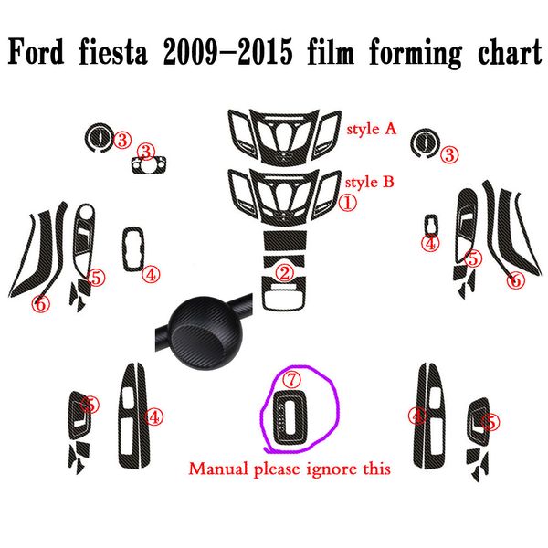 Para Ford Fiesta 2009-2015 Interior Central Control Painel Porta Porta Decalques de adesivos de fibra de carbono Acessorie de estilo de carro