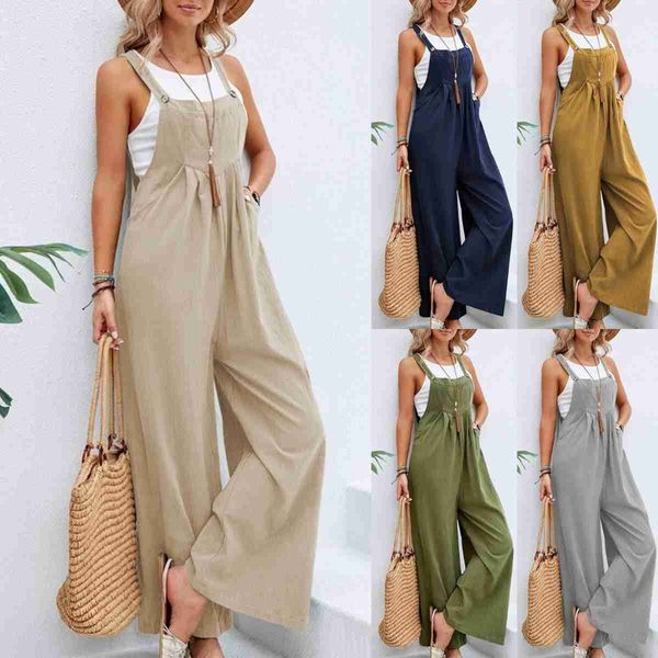 Damen Zweiteilige Hose Vintage Baumwolle Leinen Jumpsuit Damen 2023 Casual Solid Button Weites Bein Hosenträgerhose mit Taschen Sommer Lose Overalls Strampler