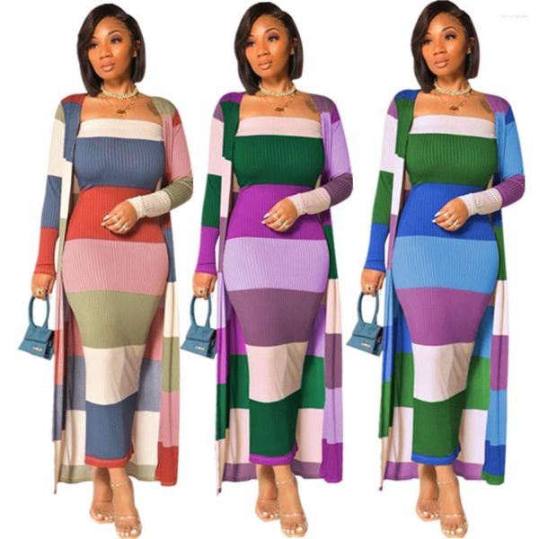 Vestidos de trabalho caem 2023 Mulheres roupas com nervuras coloridas listras listradas de manga comprida embrulhando vestido corporcon roupas de 2 peças