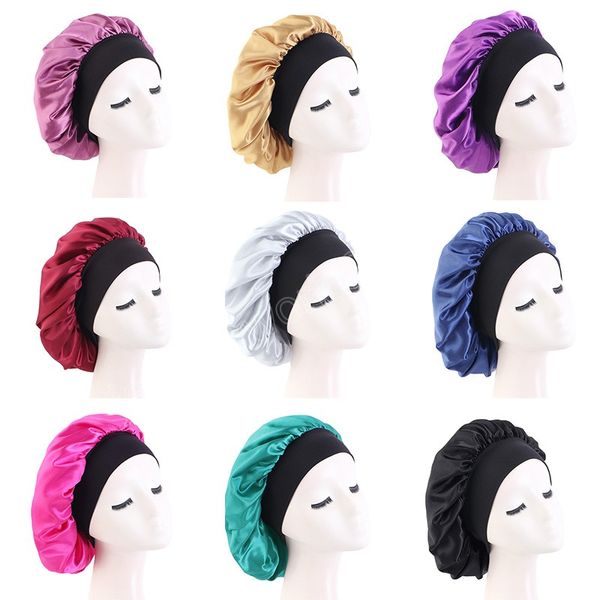 Gorro de quimio de noche para dormir de satén con banda elástica ancha negra, gorro de dormir de Color sólido para el cuidado del cabello para mujeres y hombres, Unisex