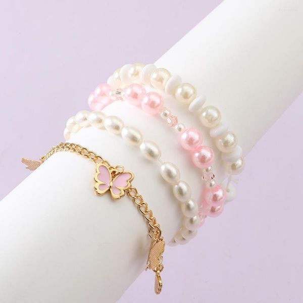 Link Armbänder 4 TEILE/SATZ Mädchen Schmuck Rosa Weiße Perlen Perlen Kinder Niedliche Schmetterling Kinder