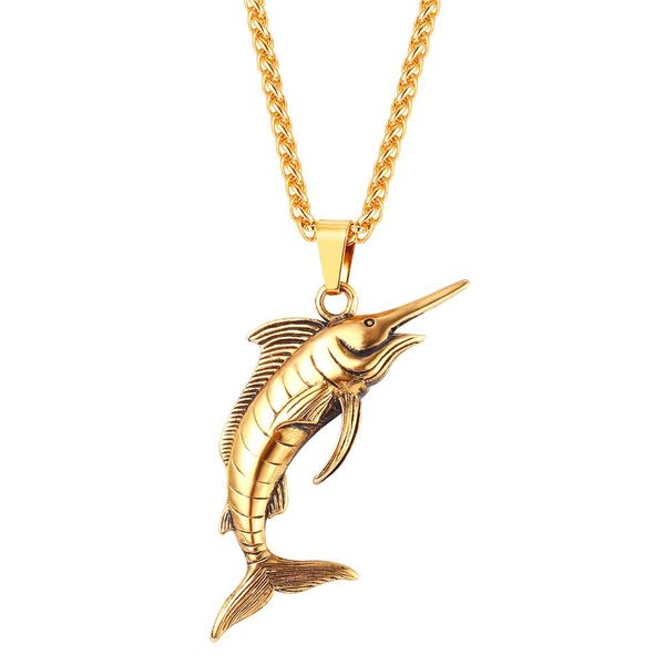 Collane Collare Ciondolo pesce spada grande Oro / Colore nero Acciaio inossidabile Gioielli animali marini Pesce spada Marlin all'ingrosso Collana P805