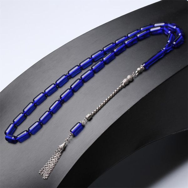 Kleidung Islam Tasbih Blau Bernstein Farbe Misbaha Zylinder 8*16mm 33 Gebetsperlen Sibha Silber Quasten Muslim Rosenkranzgeschenk Ramadan