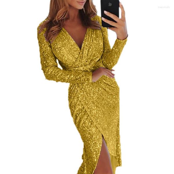Lässige Kleider Damen Stamping Langarm Sexy Slim V-Ausschnitt Elegante Damen Glänzendes Nachtclub-Dinner-Partykleid Gold