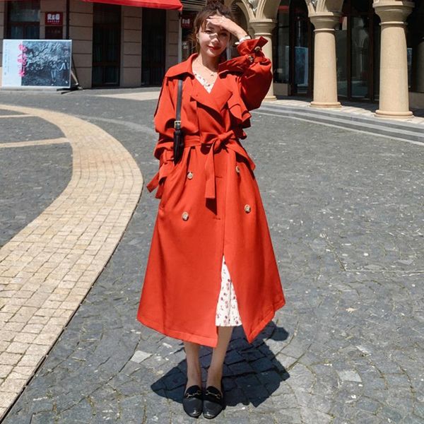 Trench de trincheira feminina quebra -vento longa primavera outono solto de alta qualidade casual grande tamanho vermelho damas manta forro de casaco à prova de vento fêmea fêmea fêmea feminina