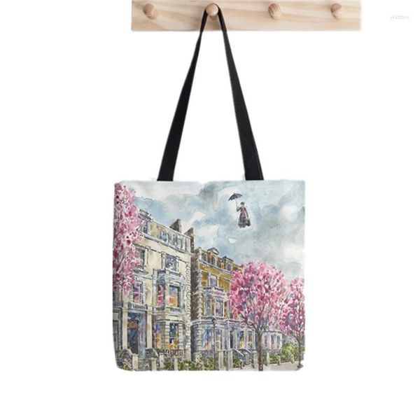 Alışveriş çantaları alışveriş yapan Mary Romantik Sakura Poppins Boyalı Tote Çanta Kadın Harajuku Çanta Kız Omuz Lady Tuval