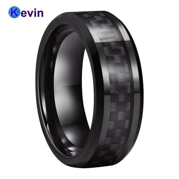 Anéis masculinos femininos anel de tungstênio preto aliança de casamento com incrustação de fibra de carbono preta 8mm ajuste confortável