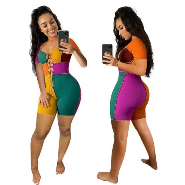 NEUE Designer Sexy Strampler Sommer Frauen Kurzarm Bandage aushöhlen Overalls Casual Patchwork Bodycon Playsuits Einteilige Overalls Großhandel Kleidung 9885