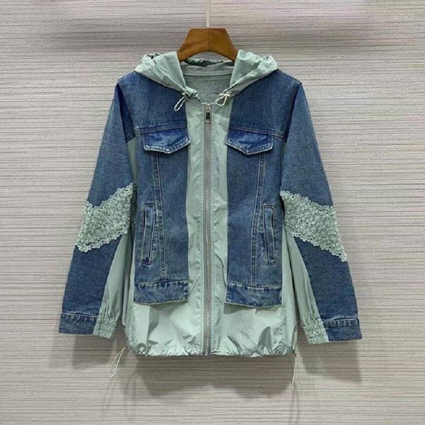 Damenjacken Hohe Qualität Denim Mäntel 2023 Frühling Herbst Jacke Frauen Mit Kapuze Spitze Stickerei Deco Langarm Casual Blue Jeans Mantel Reißverschluss