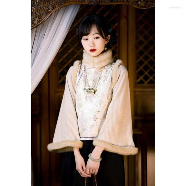 Abbigliamento etnico 2023 in camicetta beige retrò stile cinese manica larga bordo fluff cappotto giacca invernale donna vintage elegante Hanfu da donna