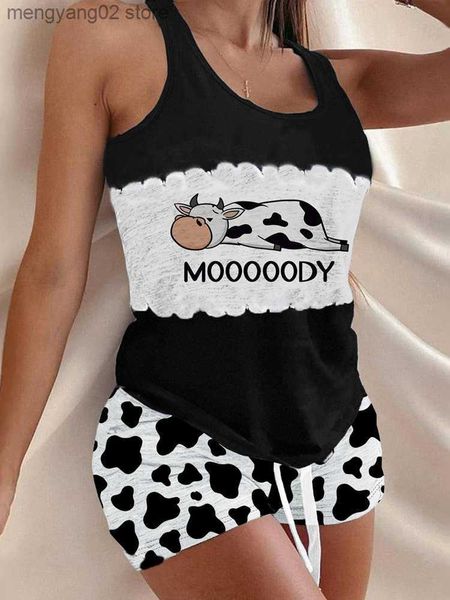 Pigiameria da donna Cute Cartoon Cow Print Sleepwear Set per donna Cami Top con pantaloncini con coulisse Casual Kawaii Pigiama Set 2023 Summer T230523