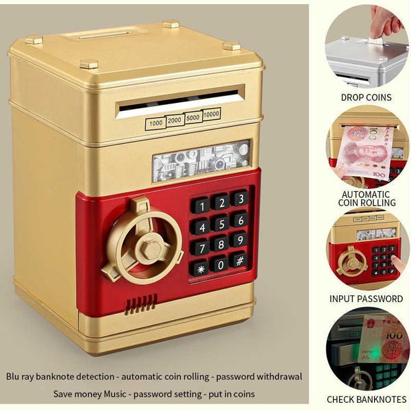 Новые фигурки Электронный пигги -банк безопасные коробки для денег, детские цифровые монеты, сейфа, сейф, сейф, мини -машина, рождественские подарки G230523