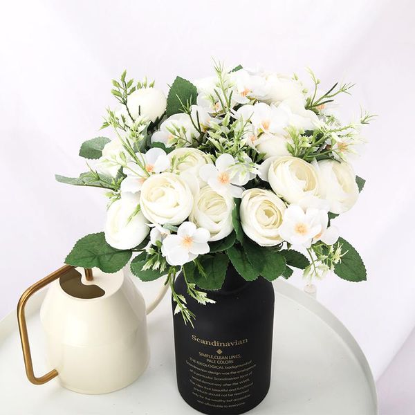 Flores decorativas Wreaths White Tea Roses Artificial Seda Fake Flower Bouquet Casamento Decoração da casa de alta qualidade Diy Christmas Dez