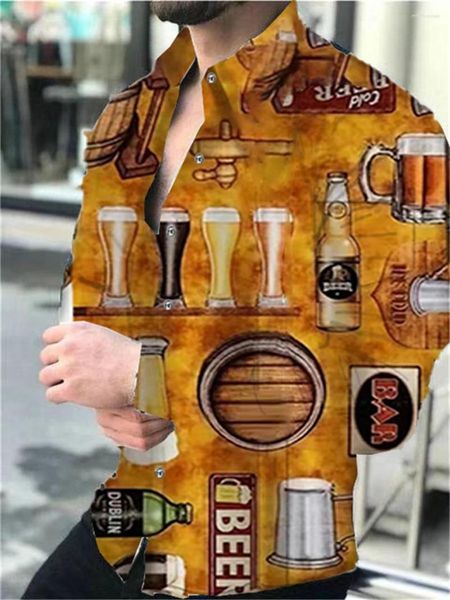 Camicie casual da uomo 2023 Camicia da uomo Teschio Birra Geometrica Manica lunga Risvolto Bottone Outdoor Street Morbido Confortevole Primavera Estate