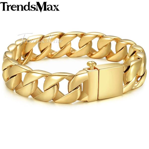 Bangle pulseiras masculinas hiphop ouro cor curb cubana link corrente 316l pulseira de aço inoxidável para jóias masculinas atacado 15mm khb123